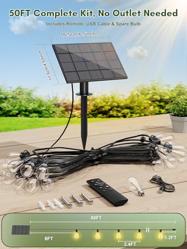 50FT Solar String Lights Outdoor Waterproof, 18+1 LED Solar Powered Lights with Remote Control, 3 Light Modes & Dimmable, USB-C Charging for Patio, Backyard, Garden, Camping - size: 50FT
