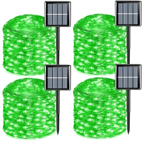 YEGUO 4 Pack Green Solar Fairy Lights, Each 33ft 100 LED Christmas Lights Outdoor Waterproof, 8 Modes Sliver Wire Solar String Lights - color: Green