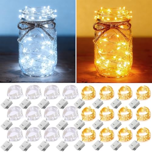 24 Pack Fairy Lights Battery Operated [3 Modes] 7ft 20 LED Mini Twinkle String Lights Waterproof Silver Wire Firefly Starry Lights for Wedding Party Mason Jars Christmas Decor, Warm White & Cool White - color: Warm White + Cool White
