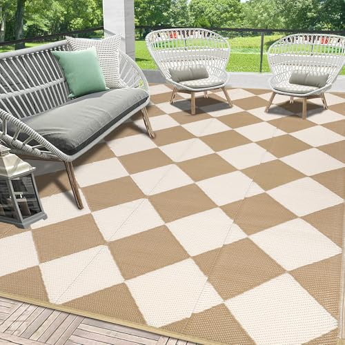HEBE Checkered Outdoor Rug Waterproof 9x12, Reversible Plastic Straw Rug RV Camping Rug, Indoor Outdoor Patio Mat Clearance, Outside Carpet for Porch,Deck,Camper,Balcony,Backyard,Picnic - color: Beige/Brown, size: 9' x 12' (Rectangular)