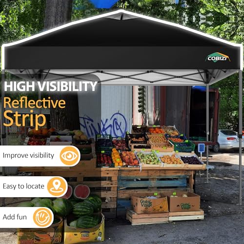 COBIZI Canopy 10x10 Pop Up Canopy Tent 1-Button Push Easy up Outdoor Canopy Instant Portable Commercial Shelter Waterproof UPF50+ Gazebo with Reflective Strip, Air Vent & 4 Sandbags,Black - color: Black(1-year warranty), size: 10x10ft With No Sidewalls