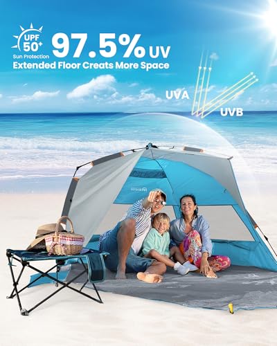 OutdoorMaster Beach Tent Sun Shelter for 3-4 Person, Pop Up Beach Tent Easy Setup with Sandbags, Portable Sun Shade Canopy with Carrying Bag for Beach & Outdoor, UPF50+ UV Protection, Family Size - color: Ocracoke Coast, size: X-Large
