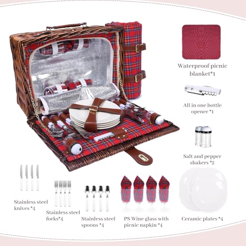 Neti Neti Wicker Picnic Basket for 4 with Insulated Cooler & Waterproof Blanket – Large Willow Picnic Hamper for Outdoor, Camping, Beach, Romantic Dates, Valentine’s Day - color: Red & Blue Checkered