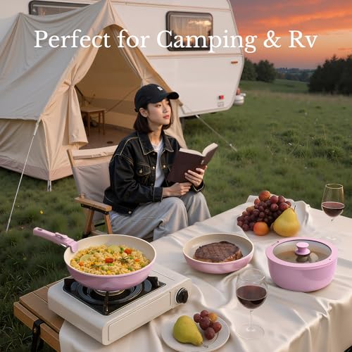 Pots and Pans Set Non Stick, Ceramic Cookware Set Detachable Handle, RV Camping Kitchen Cooking Set Removable Handles, Dishwasher/Oven/Fridge Safe, Induction, Space Saving，PINK - color: Pink