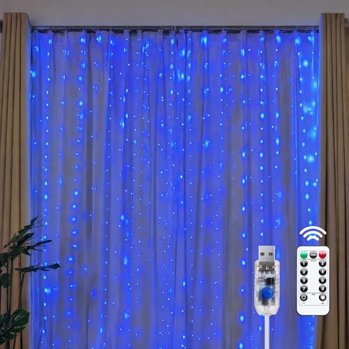 Brightown 300 LED Blue Fairy Curtain Lights, 9.8ft x 9.8ft String Lights, USB Plug in 8 Lighting Modes Christmas String Hanging Lights with Remote for Bedroom Indoor Outdoor Party Xmas Blue 1 Pack - color: Blue, size: 1 Pack-300 LED