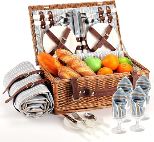 Picnic Basket for 4 Persons with Waterproof Picnic Blanket and Insulated Cooler, Large Wicker Picnic Basket for Camping, Outdoors, Valentine's Day, Christmas, Birthday, Wedding Gift - color: Green Stripes