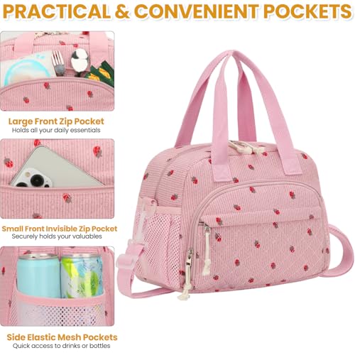 ELONGRIVER Corduroy Insulated Lunch Bag for Women Teen Girls, Portable Adult Lunch Box, Reusable Tote Cooler Bags, Lightweight Womens Lunch Bags with Front Pockets Work Picnic Travel, Pink Strawberry - color: Pink Strawberry