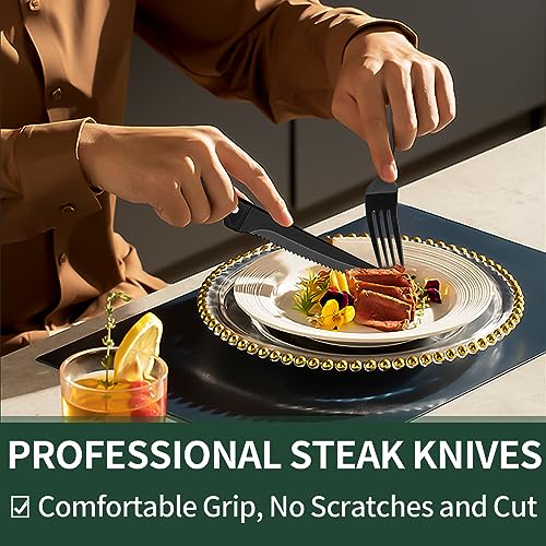 EWFEN 24-Piece Black Silverware Set with Steak Knives, Black Flatware Set for 4, Food-Grade Stainless Steel Tableware Cutlery Set, Mirror Finished Utensil Sets for Home Restaurant, Hammered Edge - style: Hammered Edge