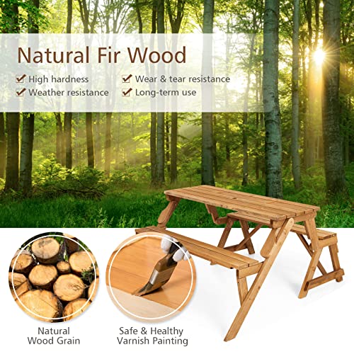 GYMAX Picnic Table, 2 in 1 Convertible Picnic Bench Table Set, Transforming Interchangeable Wooden Picnic Table with Umbrella Hole, Collapsible Outdoor Patio Dining Table Garden Bench