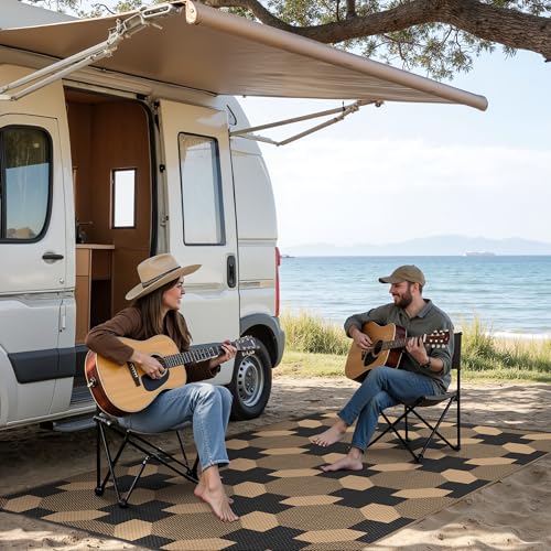 GENIMO Outdoor Rug for Patio Clearance, 6'x9' Reversible Geometric Plastic Straw Rugs, Lightweight Waterproof RV Camping Mat for Camper, Balcony, Deck, Backyard, Picnic, Black Brown - color: Black&brown-y, size: 6' x 9' (Rectangular)