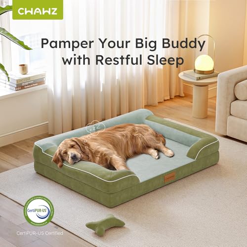 CWAWZ Dog Beds for Large Dogs, Orthopedic Dog Bed with Cooling Gel Memory Foam, Waterproof Large Pet Bed with Removable Washable Cover, 36" Pet Sofa Couch Dutch Velvet with Bone Toy, Dark Green - color: Dark Green, size: Large(36"l X 27"w X8.5"th)
