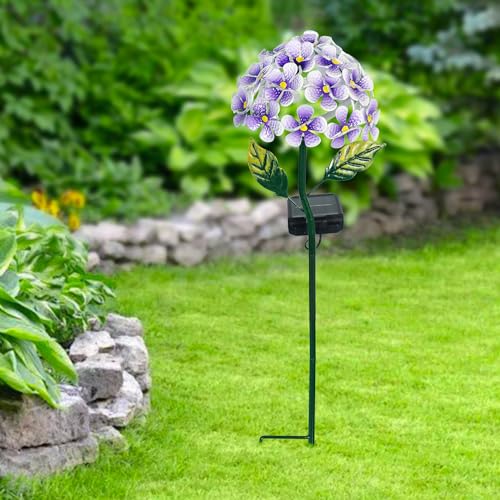 Solar Hydrangea w/26 LEDs, Metal Ground Stake, 3 Colors, Outdoor Flower Stake Decorations (Purple) - color: Purple