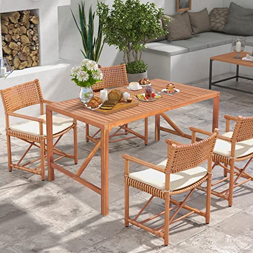 Tangkula 55" Acacia Wood Outdoor Dining Table for 4-6 Person, Rectangular Patio Dining Table with 2" Umbrella Hole and Support Bars, Indoor Outdoor Dining Furniture for Deck, Garden, Poolside & Yard - size: 55"