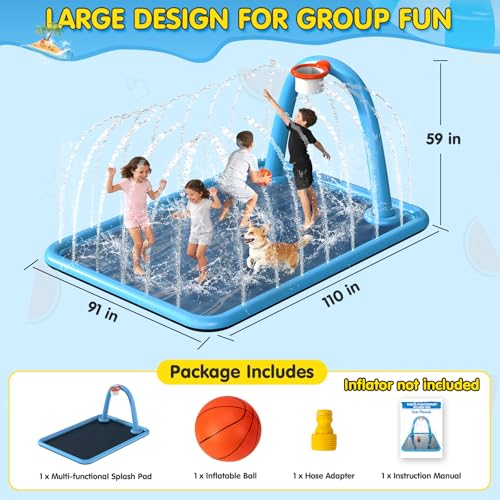 Instraella Splash Pad, 110x91'' 2-in-1 Large Sprinkler Mat with Basketball Hoop and Arch for Kids Outdoor Play, Shoot Game for Backyard, Inflatable Water OutdoorToys More Fun for Boys and Girls - size: Square 110*91 in