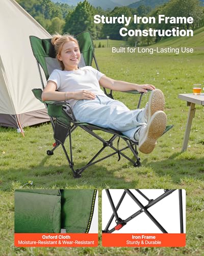 VEVOR 2-in-1 Reclining Camping Chair with Footrest for Adults, 4 Adjustable Positions, Portable Folding Lounger, Lightweight Mesh Beach Chair Supports 220lbs, Heavy Duty Camp Chairs Outdoor, Green - color: Green