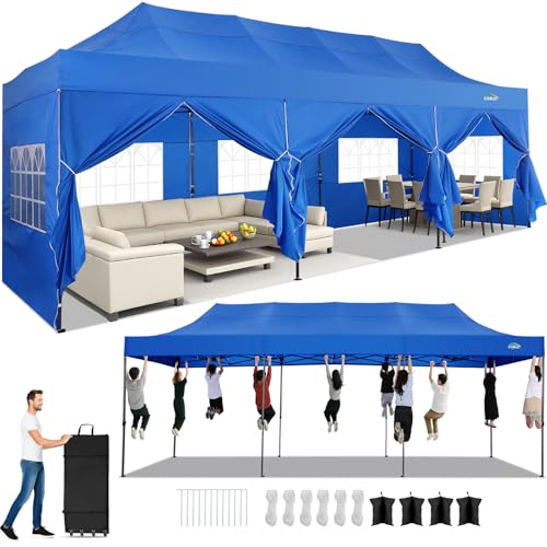 COBIZI 10x30 Heavy Duty Pop Up Canopy Tent with 8 Sidewalls Thicken Frame, Commercial Easy Up Outdoor Wedding Party Tents, All Season Waterproof Windproof with Stakes Sandbags Ropes Roller Bag, Blue - color: Blue, size: 10x30