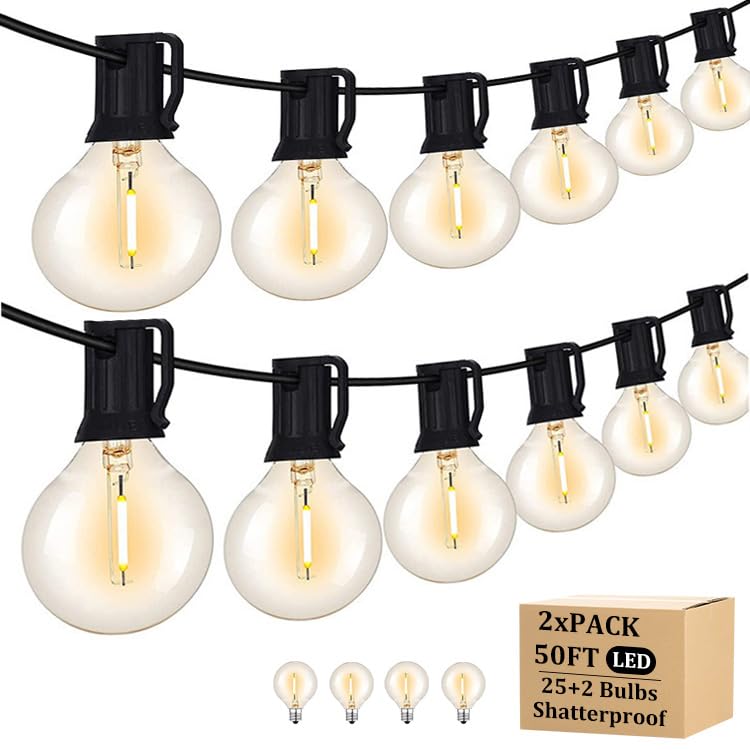 100FT Outdoor Patio Black String Lights with 52 Shatterproof G40 LED Clear Globe Bulbs for Indoor/Outdoor, 2-Pack 50FT Connectable Hanging Lights for Backyard Balcony Party Decor - size: 100ft/54led Bulbs