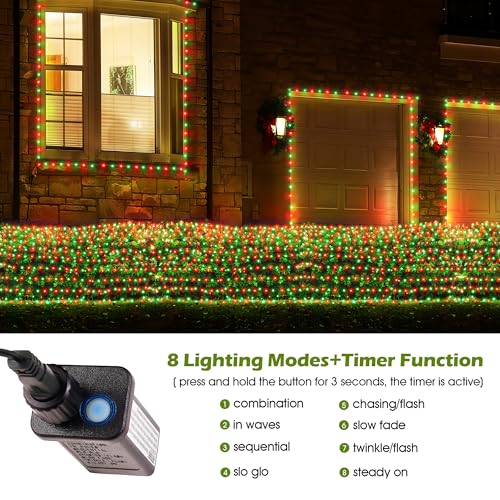 BlcTec Outdoor Christmas Lights 200 LED 8.4ft x 5.2ft Christmas Net Lights with 8 Modes, UL Certified, Timer, Connectable, Waterproof for Trees, Bushes, Yard Outdoor Holiday Decorations, Red Green - color: Red Green, size: 200LED