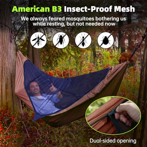 Camping Hammock with Mosquito Net – Portable Parachute Nylon Hammock Tent with Tree Straps, Camp Rope & Stake - for Hiking, Backpacking, Travel, Backyard, Beach – Holds Up to 500lbs (Orange) - color: Orange