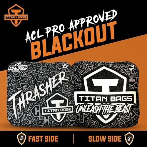 Titan Bags Thrasher Cornhole Bags - 6"x6" ACL PRO Approved Tournament-Grade, Durable Dual-Sided for Precision Shots, All-Weather Power Grip Pellets for Indoor & Outdoor Tossing - Set of 4 - color: Blackout