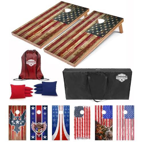 World Series of Cornhole Regulation Size Cornhole Boards – Lightweight & Durable All-Wood Construction | Backyard Bean Bag Toss Set | Rugged Outdoor Game for Tailgates, BBQs, & Backyard Battles - color: Rustic American Flag