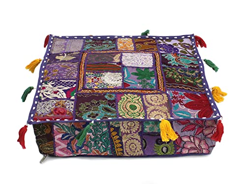 Mam Treasures Indian Bohemian Decorative Pillow Vintage Cushion Cover Patchwork Square Floor Pillow Cover Meditation Cushion Large Floor Pillow Indian Cushion (Purple, 16 X 16 X 5 Inch) - color: Purple, size: 16" x 16" (Pack of 1)