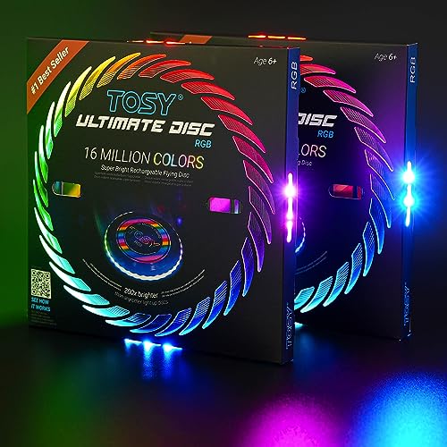 TOSY Flying Disc - 108 RGB Multicolor or 36 Monocolor LEDs, Super Bright, Smart Modes, Easter Basket Stuffers Gift, Camping Toy for Kid/Teen/Adult, Auto Light Up, Rechargeable, Waterproof, 175g - color: Rgb White Disc (Set of 2)