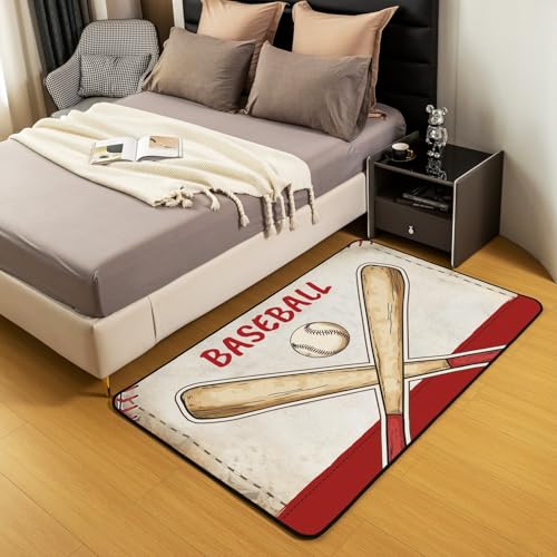 Erosebridal Baseball Area Rug for Kids Boys Girls,Vintage Ball Game Living Room Rugs 3x5,Baseball Bat Rug for Bedside,Red Yellow Sports Game Accent Rug Set Non Shedding - color: Color 05, size: 4'11" x 3'3" (Rectangular)