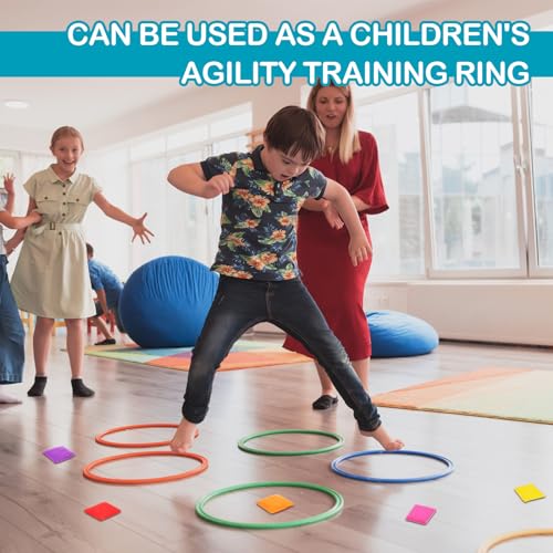 RoundFunny 2 Sets of 2 in 1 Hopscotch and Beanbag Toss Kit Include Hopscotch Ring Game Set and Squares Set 8 Pcs Beanbags for Indoor Game Outdoor Agility Portable Summer Conditioning Agility Training