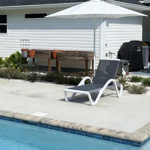 PURPLE LEAF Patio Chaise Lounge Chair Outdoor Plastic Textilene Sun Bathing Recliner Tanning Pool Lounger with 6 Adjustable Position for Outside Beach in-Pool Lawn Poolside, Grey - color: Grey, style: 1 chair(w/Arms)