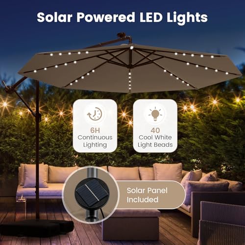 Tangkula 10FT Offset Patio Umbrella with Base Included, Outdoor Cantilever Umbrella with 40 Solar LED Lights, Tilt Adjustment, Crank Handle, Vented Top, Sand Bags for Pool Yard Deck (Tan) - color: Tan