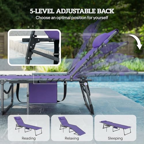 Outsunny Folding Chaise Lounge Chair Outdoor Tanning Chair with Side Table, 5-Level Adjustable Beach Lounge Chair with Headrest, Side Pocket for Patio, Backyard, Beach, Poolside, Purple - color: Purple