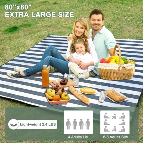 ZUBOND Picnic Blanket 80''x80'', Waterproof Sandproof Beach Outdoor Camping Mat Extra Large Foldable Gingham Big Travel Essential Accessories Gift Park Patio Lawn Garden Grass Ground Music Festival - color: Blue White, size: 80 x 80 Inch