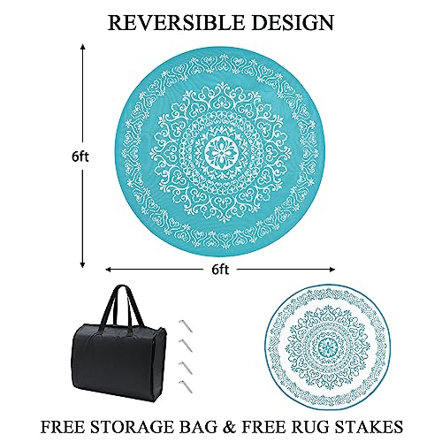 Pauwer Waterproof Outdoor Rug 6ft, Reversible Plastic Straw Patio Camping Rug, Indoor Outdoor RV Mat Carpet for Deck, Camper, Porch, Balcony, Backyard, Picnic, Floral Teal - color: Floral Teal, size: 6' (Round)