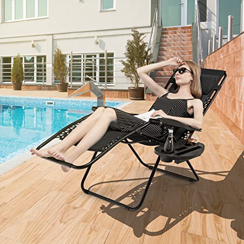 Giantex Zero Gravity Reclining Chair, Outdoor Patio Recliner with Cup Holder & Removable Pillow, Adjustable Backrest, Indoor Lounge Chair for Backyard, Garden, Poolside (Black) - color: Black, size: 1 Count (Pack of 1)