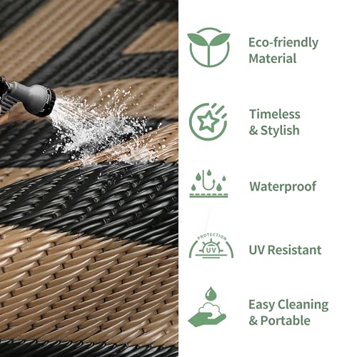 GENIMO Outdoor Rug for Patio Clearance, 6'x9' Reversible Plastic Straw Rugs, Lightweight Waterproof Modern RV Camping Mat for Camper, Balcony, Deck, Backyard, Picnic, Black Brown - color: Black&brown-x, size: 6' x 9' (Rectangular)