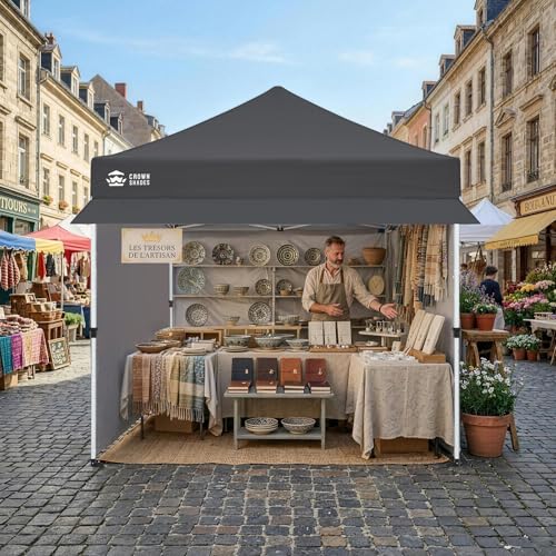 CROWN SHADES 10x10 Commercial DURAGRID Pop Up Canopy Tent with Fast Clip, 4 Removable Sidewalls, 1 Extended Awning, 2 4" Wheels, 4 Sandbags, 4 Adjustable Heights for Outdoor Events, Parties, Blue - color: Gray