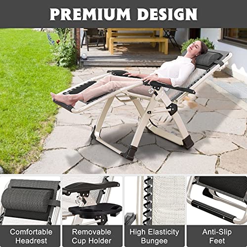 ABORON Padded Zero Gravity Chair,Premium Outdoor Lawn Folding Lounge Chairs,Sturdy Adjustable Reclining Patio Chairs with Headrest & Tray - color: Ivory White