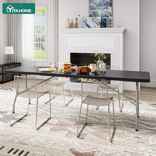 YITAHOME 8FT Folding Tables, Heavy Duty Folding Table with Carrying Handle, Plastic Fold up Table for Outdoor Camping Picnic Parties/Indoor Events, Black - color: Black