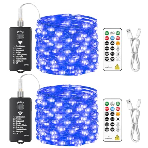 HXWEIYE Rechargeable Fairy Lights with Remote, 2 Pack 33ft 100LED Twinkle Lights with DIY Timer & Light Sensor, Waterproof Outdoor String Lights for Bedroom Patio Christmas Tree Decor, Blue - color: Blue, size: 100 LEDs - 2Pack