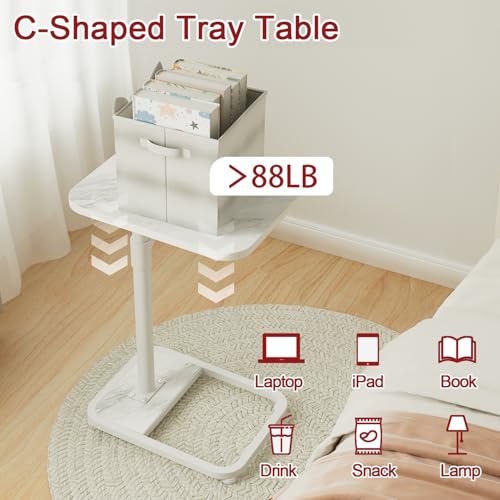 GOYLSER C Shaped Tv Trays Living Room End Table End Stand, White Marble Minimalist Wooden C Table for Sofa, Height Adjustable Tv Tray Tables Side Table for Dinner Eating - color: White Marble, style: Standard C Table