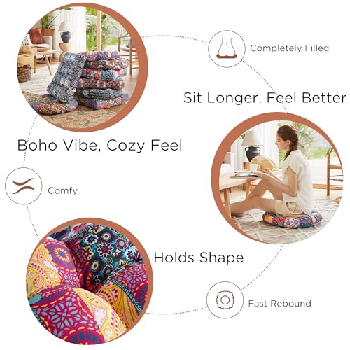 Codi Meditation Floor Pillow, Boho Pillows Seating for Adults and Kids, Large Round Cushion for Yoga Living Room Tatami Sitting, Memory Foam Added, 22x22 Inch, Multi Patchwork - color: Round | Multi Patchwork, size: 1 Count (Pack of 1)