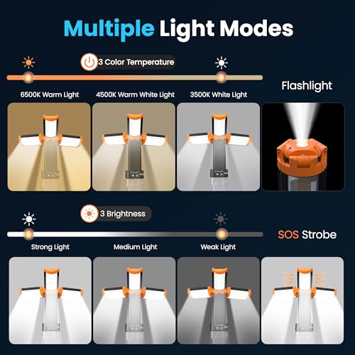 CAVN Rechargeable Camping Lights with Remote & Detachable Tripod Max Height 6.0 ft, Portable Work Light with 3 LED Lamp Heads, Camping Essentials Gear Emergency Flashlight with Hook, Orange - color: Orange