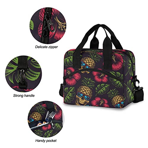 Hawaiian Pineapple Skull Insulated Lunch Bag Reusable Lunch Tote Bag Cooler Bag for Women Men Adult Lunch Box with Adjustable Shoulder Strap Leakproof Lunch Bag for Work School Picnic Camping - color: Hawaiian Pineapple Skull