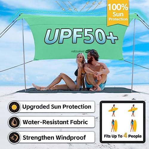 EasierHike Beach Shade Tent, 7 × 7.15 Ft Portable Easy Pop Up Beach Canopy, UPF50+ Sun Protection Shelter, Windproof & Water Resistant, Stable with 4 Sandbags & Windproof Cords, Perfect for Family - color: Mint Green, size: 7x7.15 FT 2 Poles