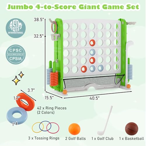 Costzon Giant 4-in-A-Row Connect Game, Height Adjustable 4-in-1 Jumbo 4-to-Score Yard Game with Golf, Ring Toss, Basketball, Cup Holder & Mesh Net, Indoor Outdoor Game for Kids Adults Family Party - color: White/Green