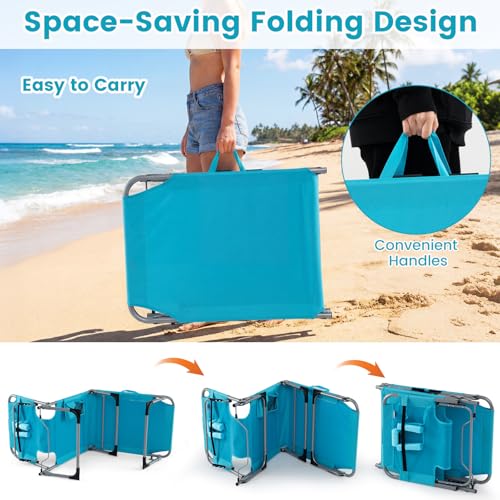 COSTWAY Tanning Chair with Face Hole, Folding Beach Lounge Chair with 4-Position Adjustable Backrest, Pillow & Side Pocket, Foldable Chaise Lounge Chair Outdoor for Sunbathing, Camping (1, Turquoise) - color: Turquoise