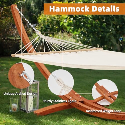 ECOTOUGE 12 FT Wooden Hammock with Stand for Single Person, Weather-Resistant, Certified Sustainable Hammock Bed for Backyard, Balcony, Porch(White) - size: 12FT