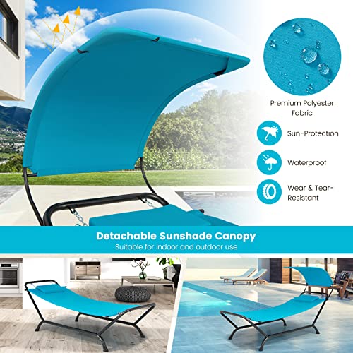 Tangkula Hammock with Stand Included, Heavy Duty Outdoor Hammock with Adjustable Canopy, Rustproof Metal Stand, Pillow, Storage Pocket, Hammock Bed with Stand for Backyard Lawn Poolside (Blue) - color: Blue