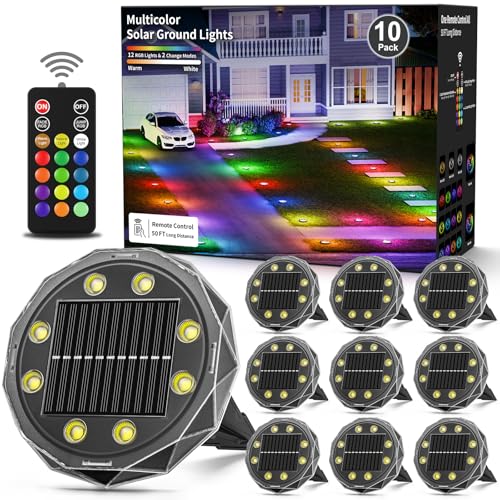Solar Ground Lights with Remote, 15 Multi Color Solar Garden Lights Waterproof, RGB Solar Powered Outdoor Landscape Lighting for Pathway, Yard, Deck, Lawn, Patio, Walkway, Poolside, 10 Pack - size: 10 Pack